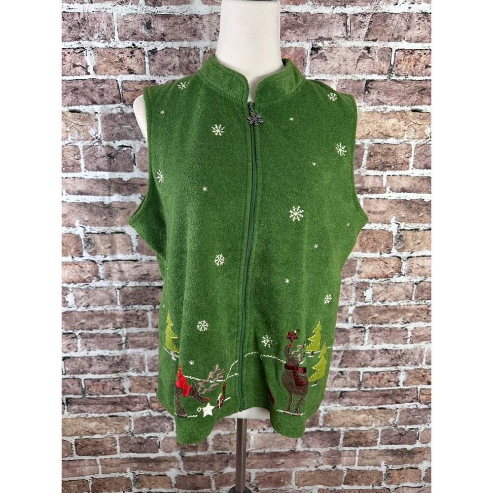 Christopher Banks Green Fleece Christmas Vest Reindeer Snowflakes Trees XL‎